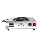A single-burner stainless steel portable hot plate with a coil heating element, labeled “Cadco.” It features a temperature control knob, red power switch, indicator lights, two certification stickers on the front, and a power cord on the left.