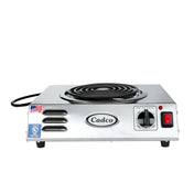 A single-burner stainless steel portable hot plate with a coil heating element, labeled “Cadco.” It features a temperature control knob, red power switch, indicator lights, two certification stickers on the front, and a power cord on the left.