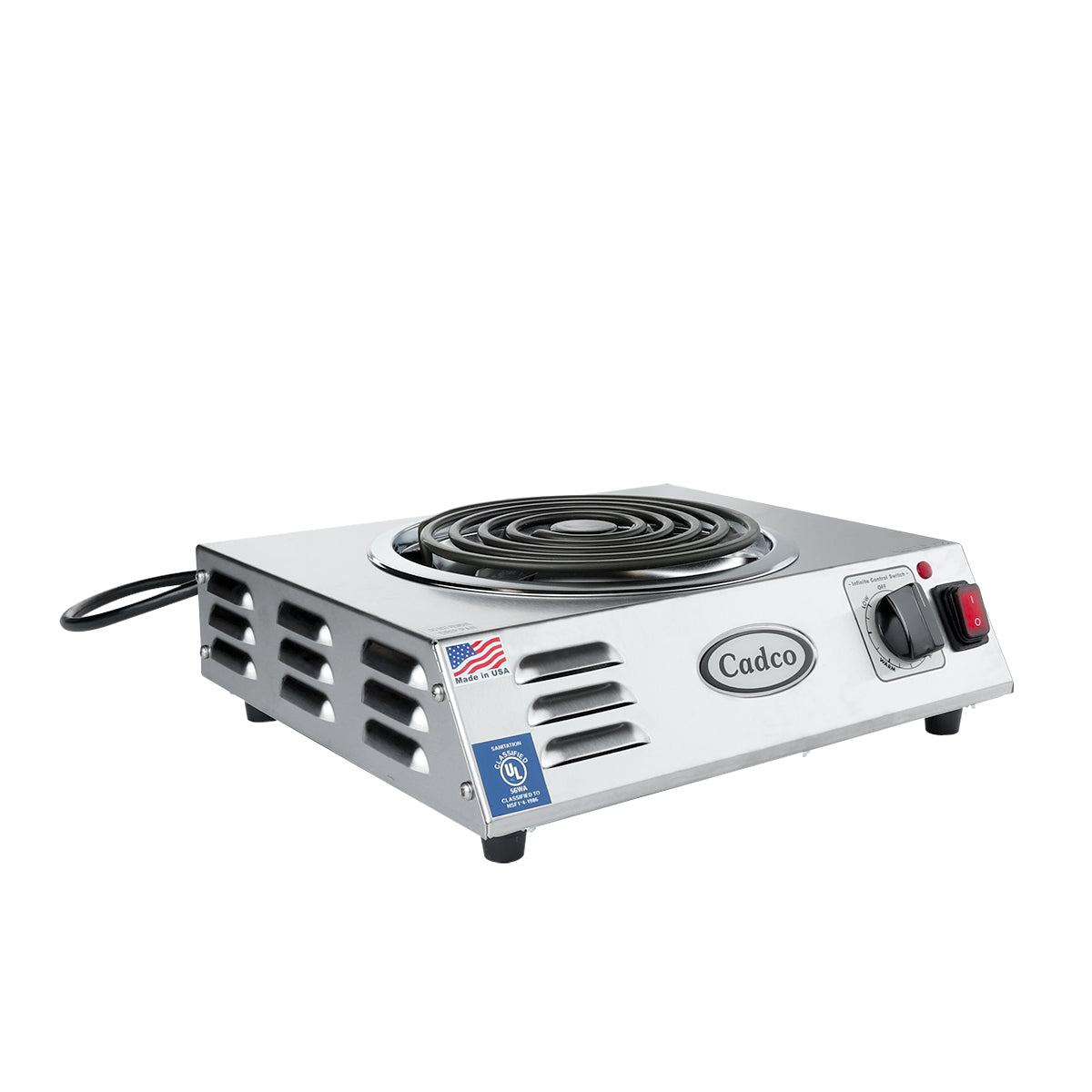 A stainless steel electric countertop stove, this single-burner portable hot plate features a coil-style heating element, power knob, indicator light, side vents, and a power cord extending from the back. The device is labeled Cadco.