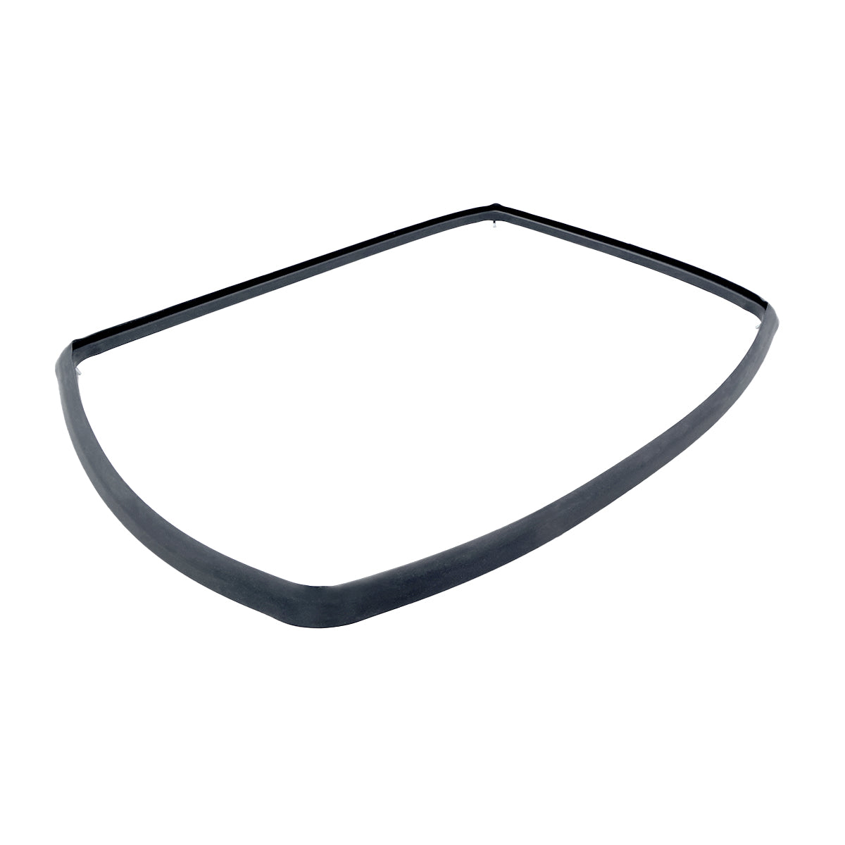 A black, flexible rubber window gasket is displayed against a white background. Shaped like an uneven rectangle with rounded corners, this Replacement Door Gasket is designed to fit around a Cadco OV-003 convection oven door.
