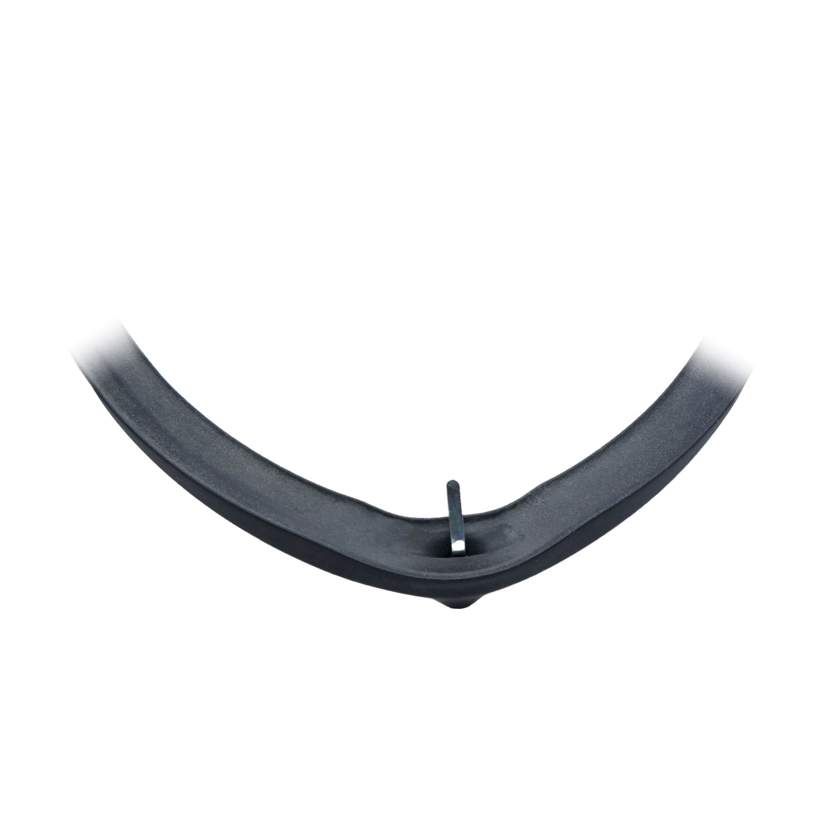 A close-up image of the lower part of a black, curved object—possibly a Replacement Door Gasket for a Cadco OV-003 convection oven—with a small vertical peg in the center, set against a white background and softly fading edges for a minimal look.