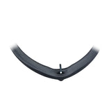 A close-up image of the lower part of a black, curved object—possibly a Replacement Door Gasket for a Cadco OV-003 convection oven—with a small vertical peg in the center, set against a white background and softly fading edges for a minimal look.