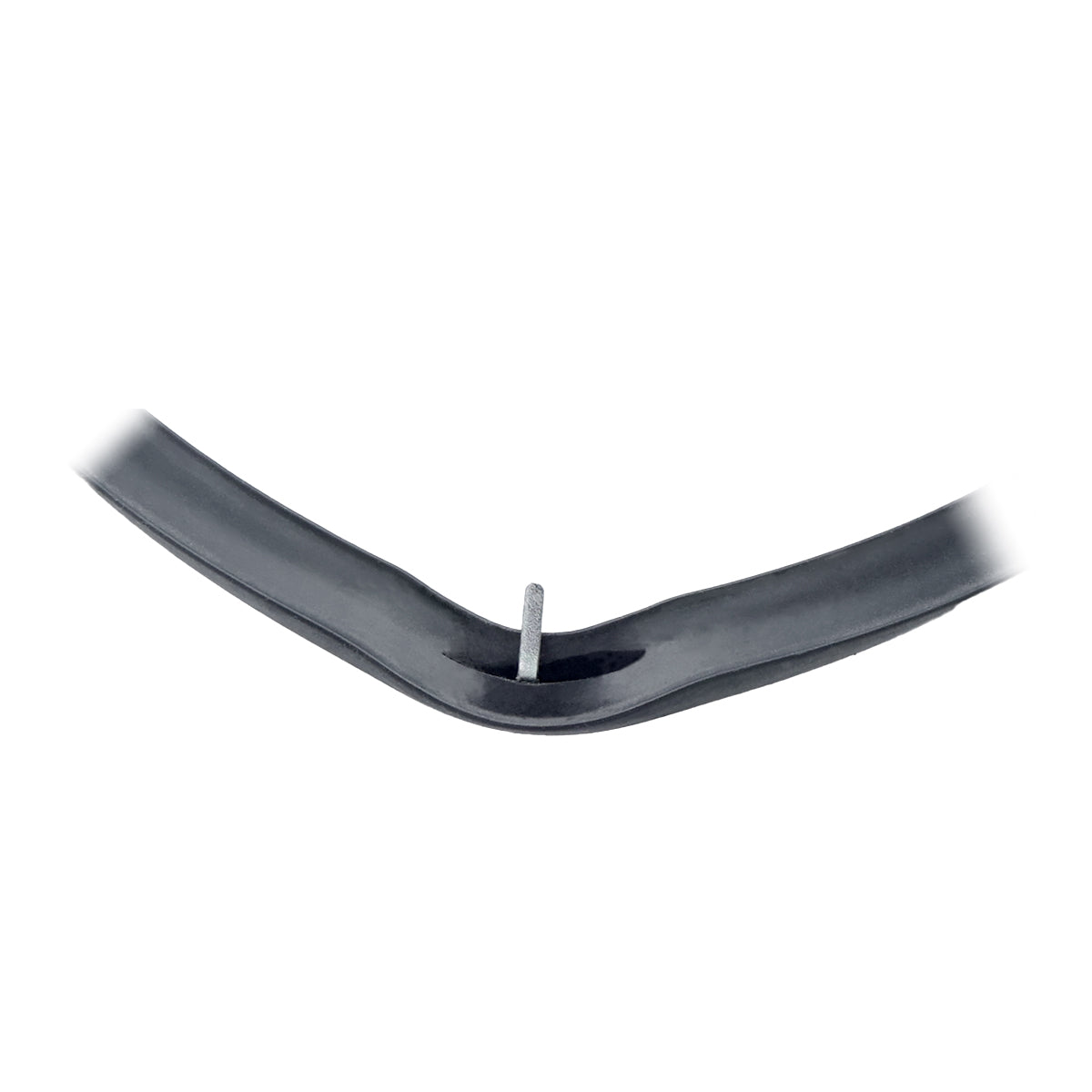 Close-up of a black bicycle inner tube with a metal valve stem protruding upward, set against a white background. The image highlights the tubes textured curve—similar to the seal of a Replacement Door Gasket for appliances like the Cadco OV-013.