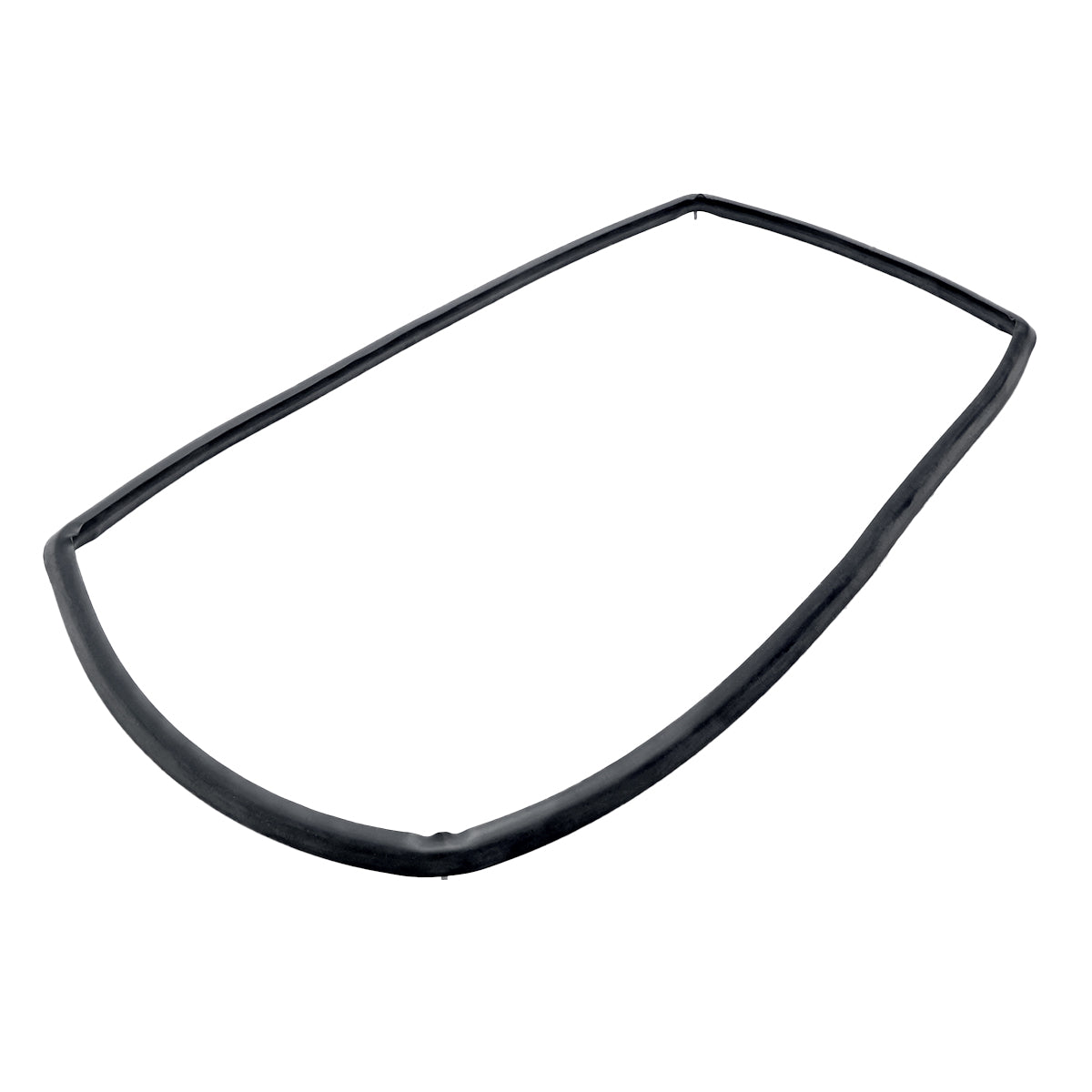 A black rubber Replacement Door Gasket, shaped in a large rectangular oval with rounded edges, is placed against a plain white background. The gasket appears flexible and is designed for fitting around a half size convection oven, such as the Cadco OV-013.