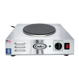 A portable hot plate with a stainless steel body and a durable cast iron burner. The front panel displays the Cadco brand, temperature knob, red power switch, and indicator lights. Features a rear power cord and small American flag sticker on the front.