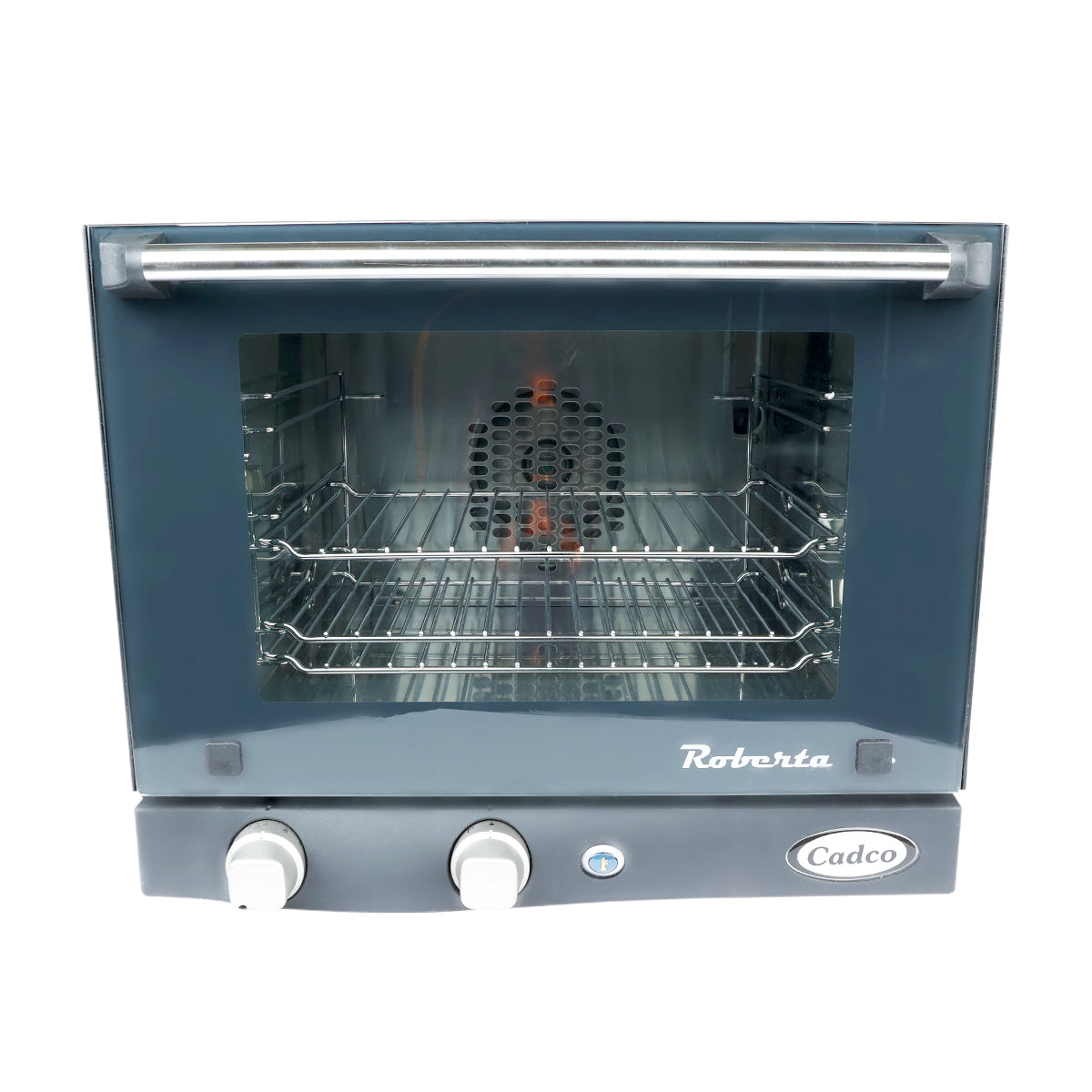Front view of a compact quarter size countertop convection oven with a glass door, two control knobs, a power indicator light, and two wire racks inside. The Roberta and Cadco brand names are visible on the gray exterior below the door.