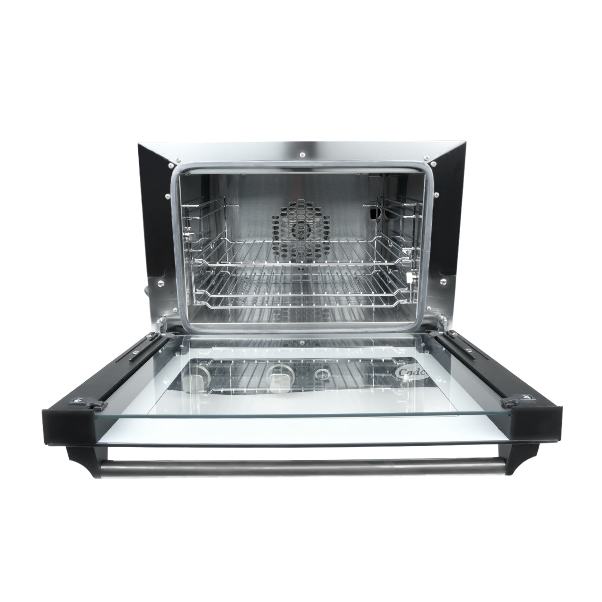 A modern, stainless steel convection oven with its door open reveals two wire racks inside. The countertop oven features a reflective interior, visible fan, large glass window, and a sleek design in a convenient quarter size.
