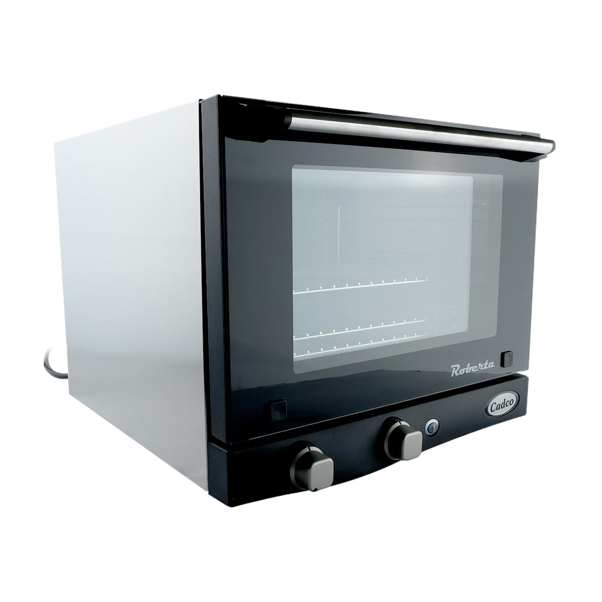 A black and stainless steel quarter size convection oven with a glass door, metal handle, and two control knobs on the front panel. Interior wire racks are visible through the door, with a power cord extending from the back.