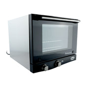 A black and stainless steel quarter size convection oven with a glass door, metal handle, and two control knobs on the front panel. Interior wire racks are visible through the door, with a power cord extending from the back.