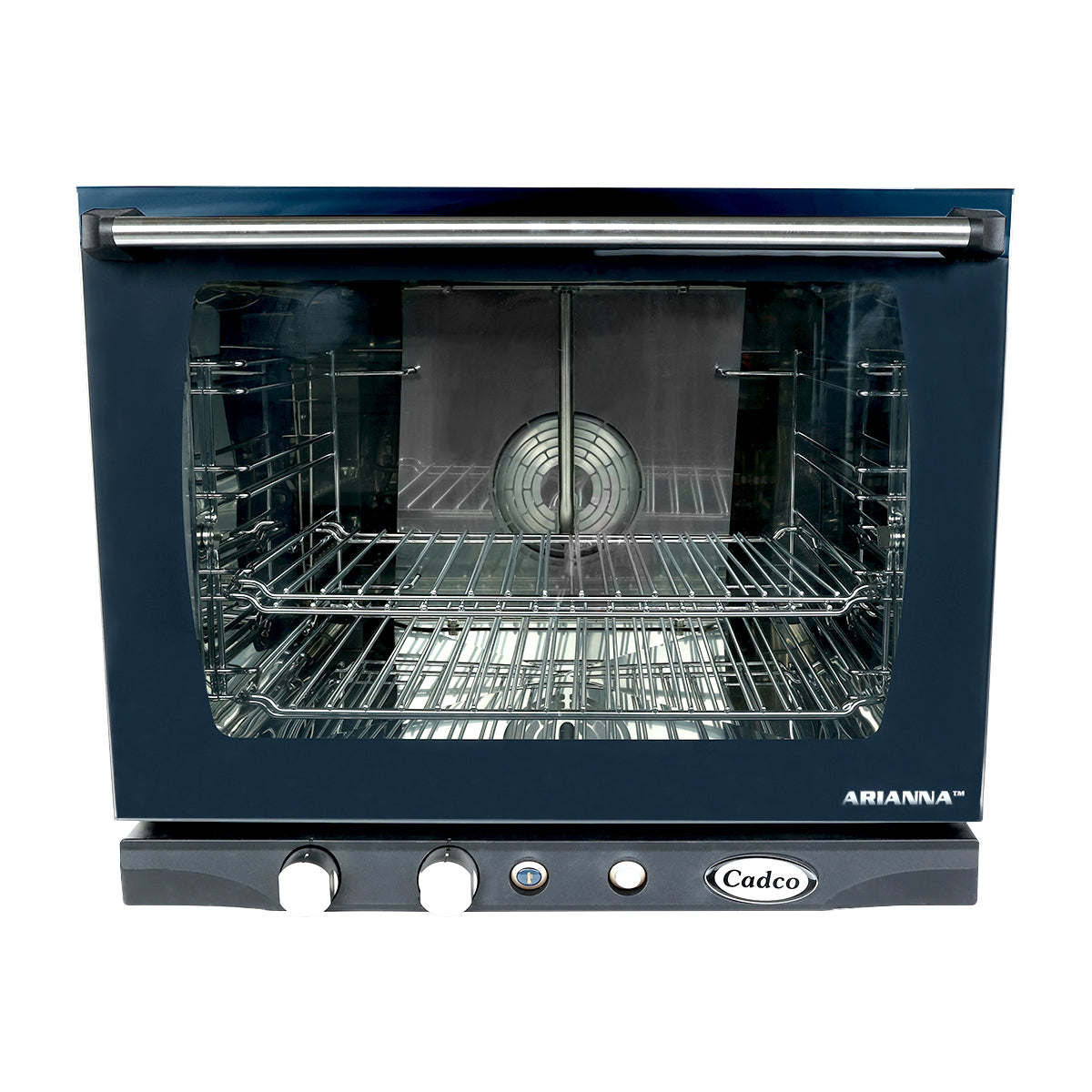 A stainless steel countertop electric oven with a glass front door, three control knobs, and two wire racks inside. The Cadco logo and ARIANNA label are visible on the black control panel at the bottom of this half size sheet pan oven.