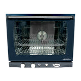 A stainless steel countertop electric oven with a glass front door, three control knobs, and two wire racks inside. The Cadco logo and ARIANNA label are visible on the black control panel at the bottom of this half size sheet pan oven.