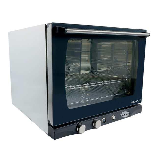 Arianna Cadco countertop electric oven features a black front, large glass door, two knobs, and a button. Its interior fits a half size sheet pan, with visible wire racks and convection fan for efficient cooking.