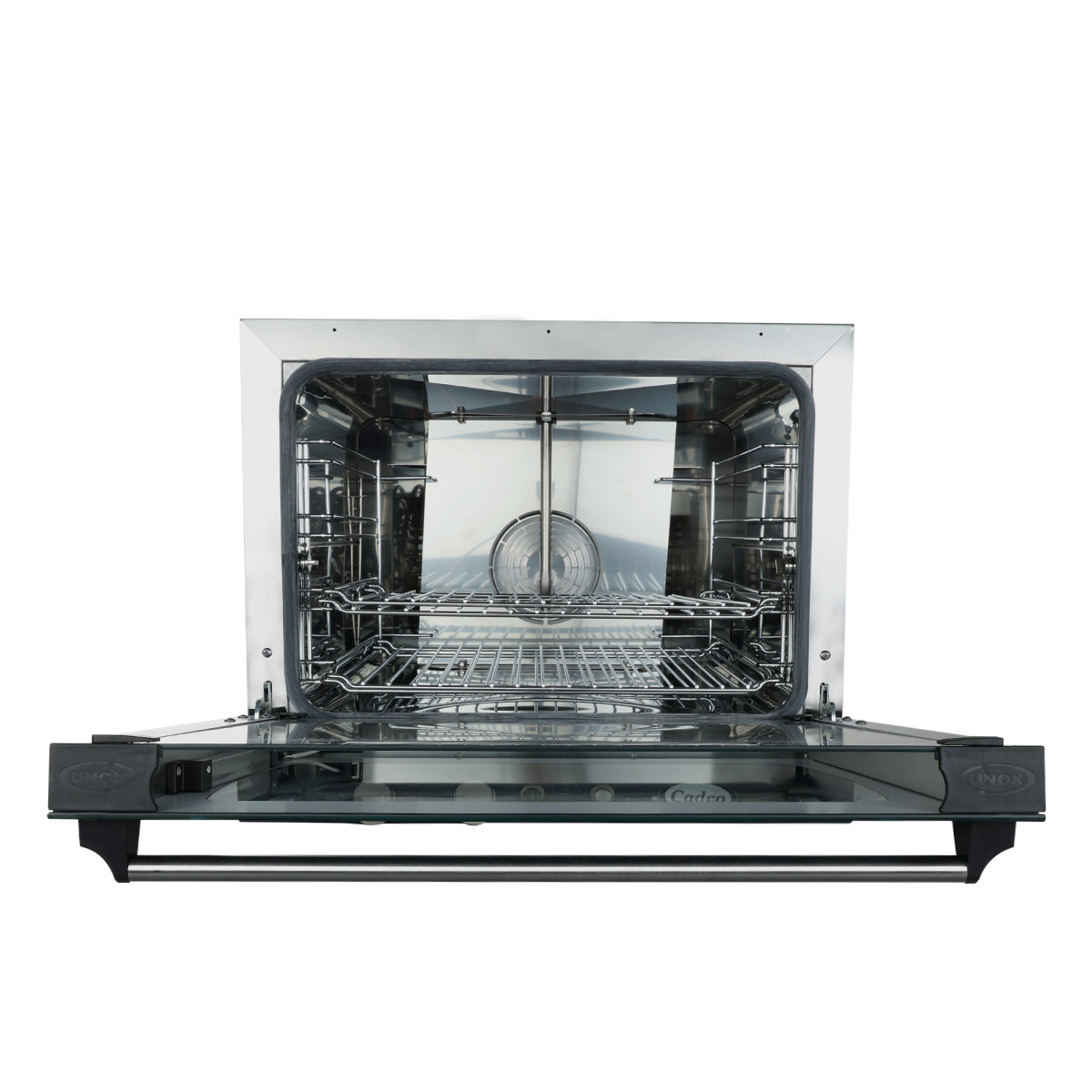 A stainless steel convection oven is shown with its door open, revealing a clean, empty interior. The oven features multiple metal racks and a fan at the back for convection cooking, highlighting its spacious design ideal for a half size sheet pan oven.