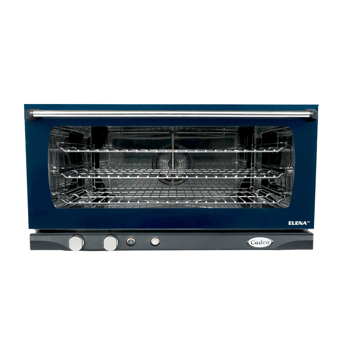 A front view of a Cadco Elena countertop convection oven with a blue door, large glass window, two wire racks inside, and three control knobs on the lower front panel. This clean oven features a metallic handle and efficient convection technology.