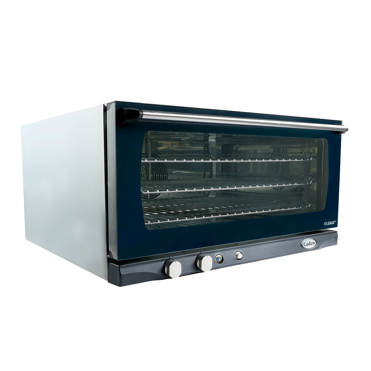 A full size, stainless steel countertop convection oven with a black front, glass door, and metal handle. Features three wire racks inside and three control knobs on the lower front panel. The oven has a rectangular, boxy shape.