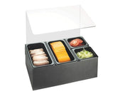 A black BPA free condiment organizer with a clear hinged lid displays four compartments: one with sliced deli meat, one with rectangular slices of cheddar cheese, one with sliced tomatoes, and one with shredded lettuce—perfect for any salsa bar set.