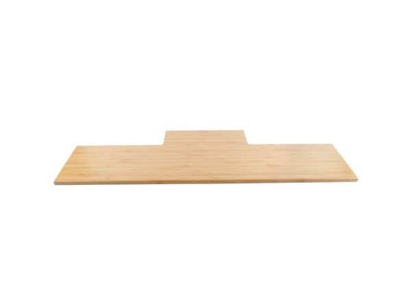 A flat, rectangular bamboo board with a light natural finish. The center of one long edge juts out in a smaller tab, giving it a T-like shape—perfect as a minimal Frame Riser Shelf. The smooth surface shows visible wood grain against a plain white background.