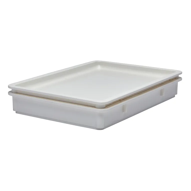 A rectangular, shallow Camwear Pizza Dough Box made of durable, NSF-certified polycarbonate with a matching fitted lid. The container has smooth sides and slightly rounded corners, shown on a white background to display its depth and dimension.