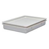 A rectangular, shallow Camwear Pizza Dough Box made of durable, NSF-certified polycarbonate with a matching fitted lid. The container has smooth sides and slightly rounded corners, shown on a white background to display its depth and dimension.