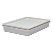 A rectangular, shallow Camwear Pizza Dough Box made of durable, NSF-certified polycarbonate with a matching fitted lid. The container has smooth sides and slightly rounded corners, shown on a white background to display its depth and dimension.