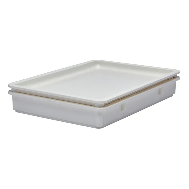 A rectangular, shallow Camwear Pizza Dough Box made of durable, NSF-certified polycarbonate with a matching fitted lid. The container has smooth sides and slightly rounded corners, shown on a white background to display its depth and dimension.
