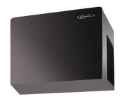 A black, rectangular commercial ice machine with a smooth exterior, angled view showing the Cornelius logo on the top right and a vent on the side, against a plain, light background—ideal as a nugget ice maker for businesses.