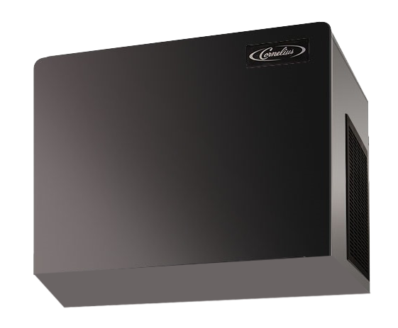 A sleek, black commercial water-cooled ice machine with a rectangular shape. The front features a small Cornelius logo in the top right corner. Modern and minimalistic, it has a side vent and a plain white background.