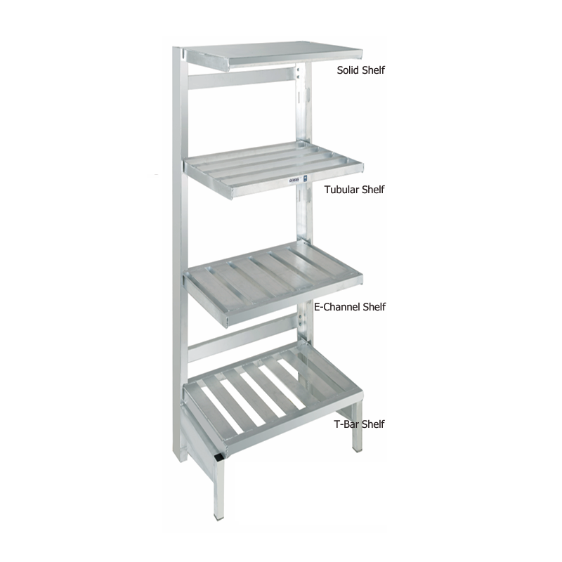 A metal shelving unit with four types of shelves—Solid Shelf, Tubular Shelf, E-Channel Shelf, and T-Bar Shelf—showcases various support structures, similar to versatile Aluminum Shelving used in modern storage solutions.