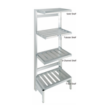 A metal shelving unit with four types of shelves—Solid Shelf, Tubular Shelf, E-Channel Shelf, and T-Bar Shelf—showcases various support structures, similar to versatile Aluminum Shelving used in modern storage solutions.