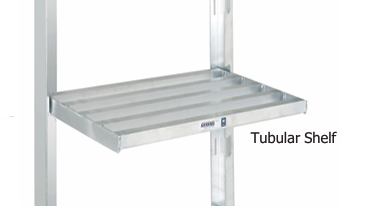 A silver metal tubular shelf with open slats is attached to two vertical support beams, featuring sturdy, industrial NSF shelving. The words Tubular Shelf appear on the right side of the image.