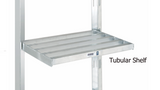 A silver metal tubular shelf with open slats is attached to two vertical support beams, featuring sturdy, industrial NSF shelving. The words Tubular Shelf appear on the right side of the image.