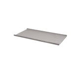 A rectangular wooden shelf with a light gray finish, featuring a raised edge along the back and one side. Its smooth, flat surface is reminiscent of an emitter panel, and it is photographed on a white background.