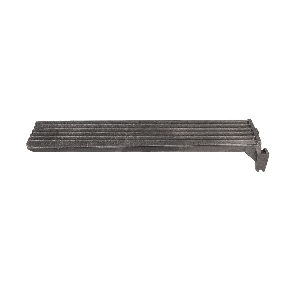 A black metal bracket with a flat, ridged surface and a hook-like end, photographed against a white background. This sturdy Vulcan bracket is likely designed for supporting shelves or securing items like the GRATE-CSTR24 cast iron grate.