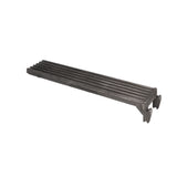A dark gray, rectangular cast iron grate with parallel raised ridges along its length. One end is flat and the other has two vertical brackets, suggesting it may be a GRATE-CSTR24 Vulcan component for mounting or supporting something. Plain white background.