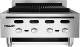 A commercial stainless steel Vulcan Achiever Charbroiler with four control knobs, black ridged cooking grates on top, and a prominent Vulcan logo on the left front panel. This countertop charbroiler stands on short cylindrical legs.