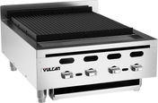 A commercial Vulcan countertop charbroiler with three control knobs, a ribbed grilling surface on top, and sturdy metal legs. The front features ventilation holes and a pull-out drip tray below the knobs.