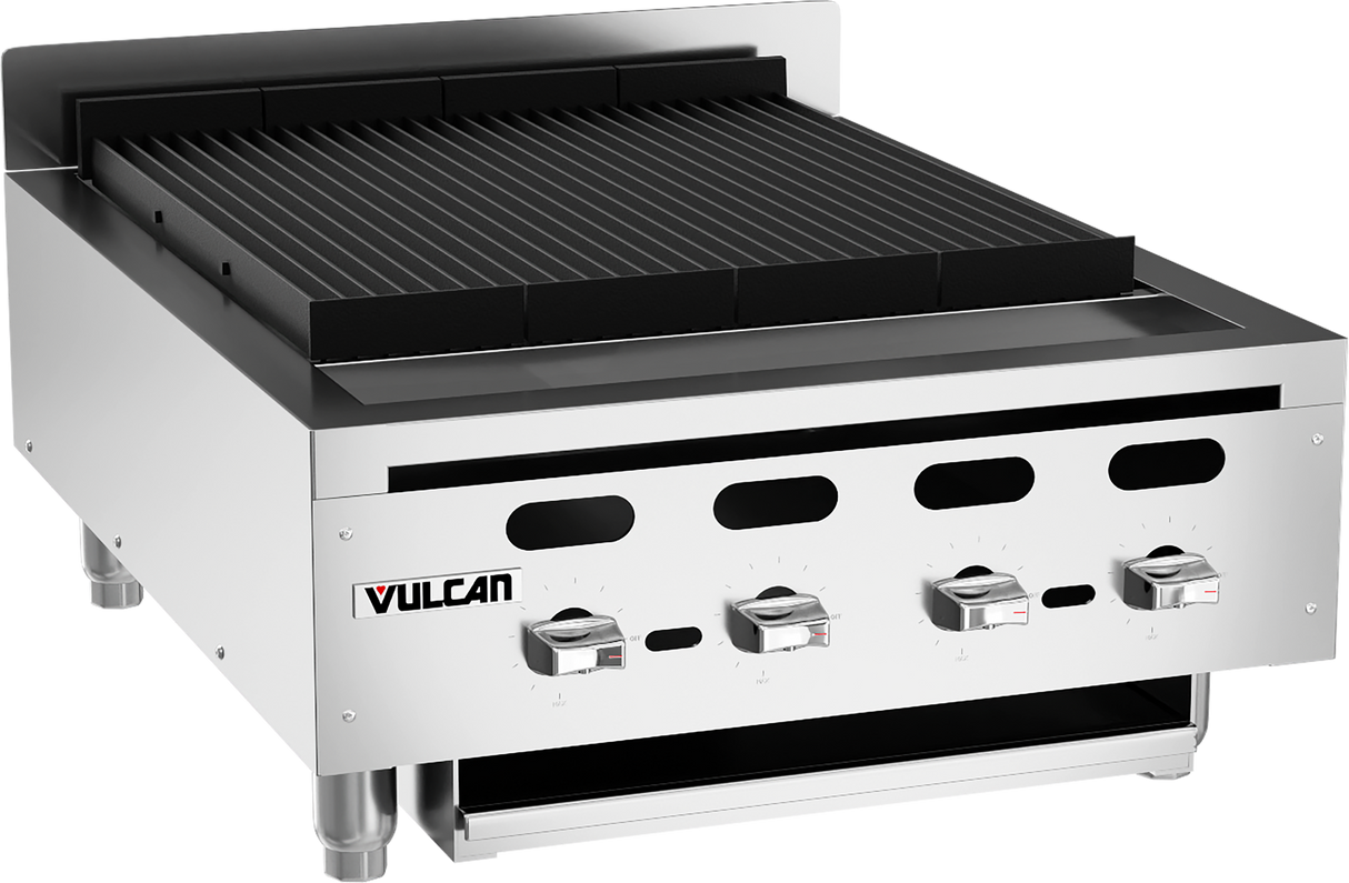A stainless steel Vulcan Achiever Charbroiler with three control knobs, black cast iron grates, raised backguard, and sturdy metal legs. The Vulcan logo is visible on the front panel, and the countertop charbroiler appears clean and unused.