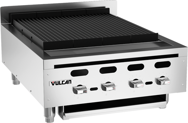 A stainless steel Vulcan Achiever Charbroiler with three control knobs, black cast iron grates, raised backguard, and sturdy metal legs. The Vulcan logo is visible on the front panel, and the countertop charbroiler appears clean and unused.