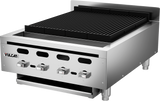 A commercial Vulcan Achiever Charbroiler with three control knobs, sturdy legs, black grilling grates, and the Vulcan logo on the front left. This modern countertop charbroiler is ideal for professional kitchens with its industrial design.