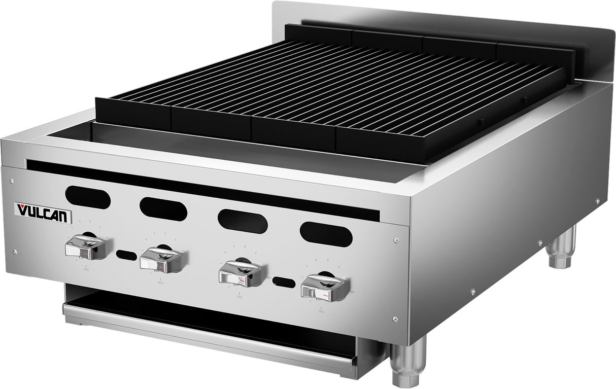 A commercial stainless steel Vulcan charbroiler with three control knobs, a black grill grate, and an under-tray. This Achiever Charbroiler features sturdy metal legs and a vented backsplash, ideal for use in professional kitchens.