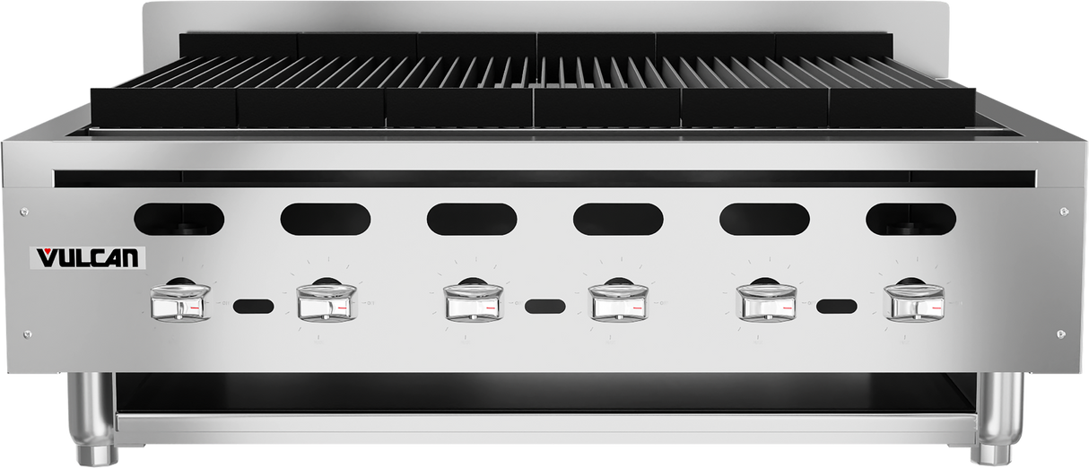 A commercial stainless steel Achiever Charbroiler with five control knobs, black grill grates on top, ventilation holes along the front, and the Vulcan logo on the left. This 36 inch charbroiler sits on sturdy legs and features an open undershelf.