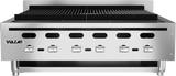 A commercial stainless steel Achiever Charbroiler with five control knobs, black grill grates on top, ventilation holes along the front, and the Vulcan logo on the left. This 36 inch charbroiler sits on sturdy legs and features an open undershelf.