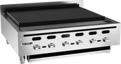 A commercial stainless steel Vulcan charbroiler with four control knobs, sturdy grill grates, a raised back guard, ventilation slots, and short legs for countertop use. This industrial countertop charbroiler is designed for professional kitchen settings.