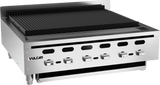 A stainless steel Vulcan VACB36 countertop charbroiler with four control knobs, black grates on top, and the Vulcan name on the front panel—ideal for heavy-duty cooking in a professional kitchen setting.