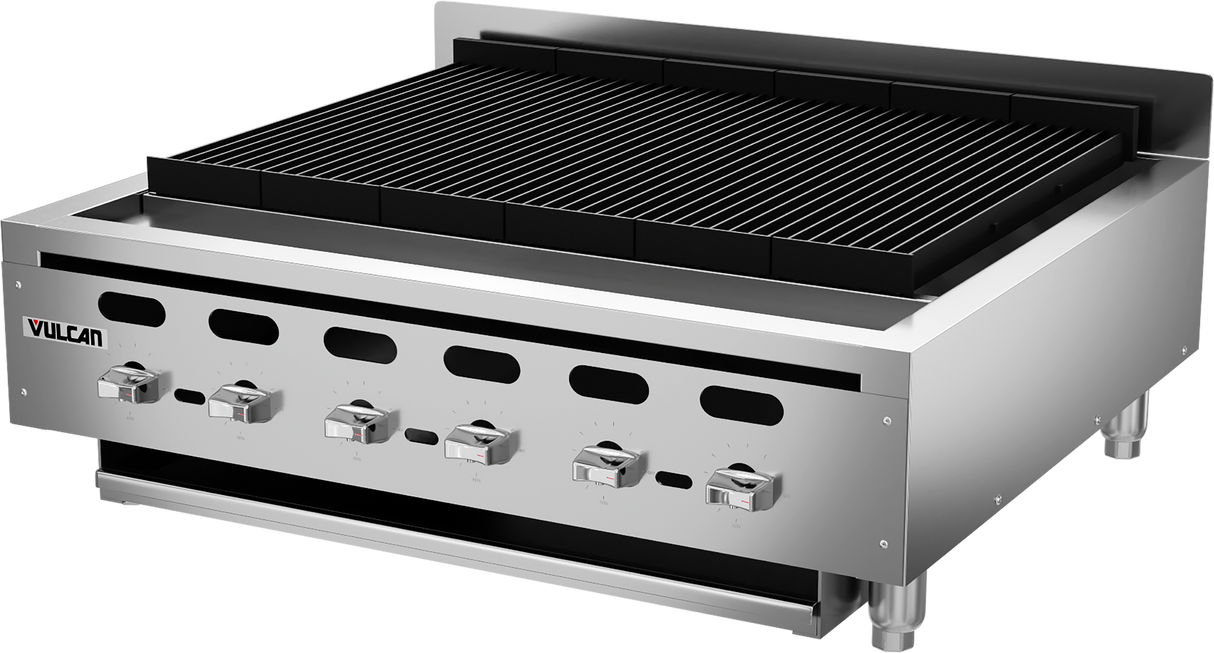 A commercial countertop charbroiler with five control knobs on the front, a large black grill top, and a raised backguard. The Vulcan brand logo is visible on the left side of this 36 inch charbroiler’s front panel.
