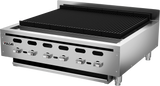 A commercial countertop charbroiler with five control knobs on the front, a large black grill top, and a raised backguard. The Vulcan brand logo is visible on the left side of this 36 inch charbroiler’s front panel.