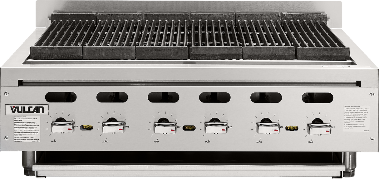 A commercial stainless steel Vulcan 36 inch charbroiler with five control knobs, an upper grilling surface with black grates, and a slightly open under-grill broiler drawer. The front panel displays the Vulcan logo and labeled temperature indicators for each burner.
