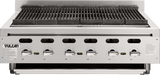 A commercial stainless steel Vulcan 36 inch charbroiler with five control knobs, an upper grilling surface with black grates, and a slightly open under-grill broiler drawer. The front panel displays the Vulcan logo and labeled temperature indicators for each burner.