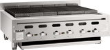 A stainless steel Achiever Charbroiler countertop charbroiler featuring six control knobs, grilling grates, and the Vulcan logo on the front left. It includes safety instructions on both sides and adjustable feet at the base.