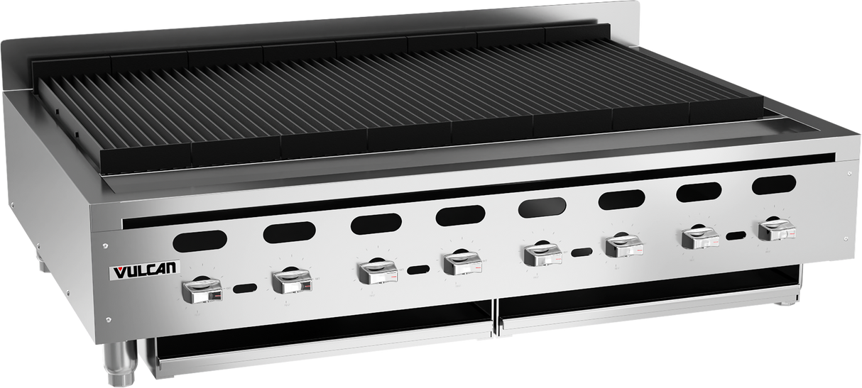 A large Vulcan charbroiler with six control knobs and a grated grilling surface. This sleek, boxy countertop charbroiler features ventilation holes along the front and displays the Vulcan name on the left side.
